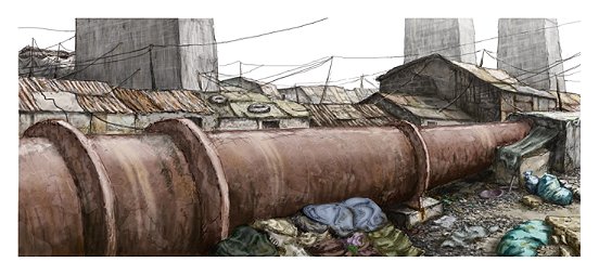 "Groer Slum 2", 2008, Computerzeichnung / computer drawin,  110cm x 236cm