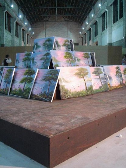 Performance installation, 40 paintings (oil on canvas, each 60 x 90 cm) were produced by 13 painters from Dafancun-Village/Shenzhen at the 2nd Guangzhou Triennial. Quandong Museum of Art, time 3-7 pm,November 18, 2005, Venue: Exhibition site of the 2nd Guangzuhou Triennial