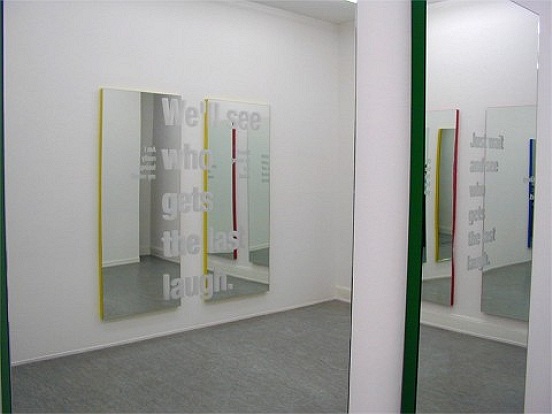 Mirror-Diptychon, 2004, Mirror , text engraving , Aluminum, presentation size aprox 185  x 185  cm (two mirrors)